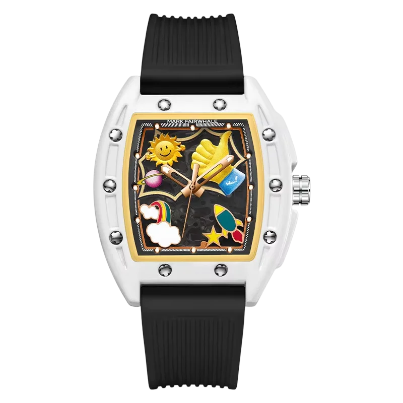 Watch with colorful design on the face against a white background