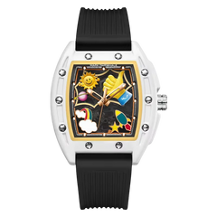 Watch with colorful design on the face against a white background