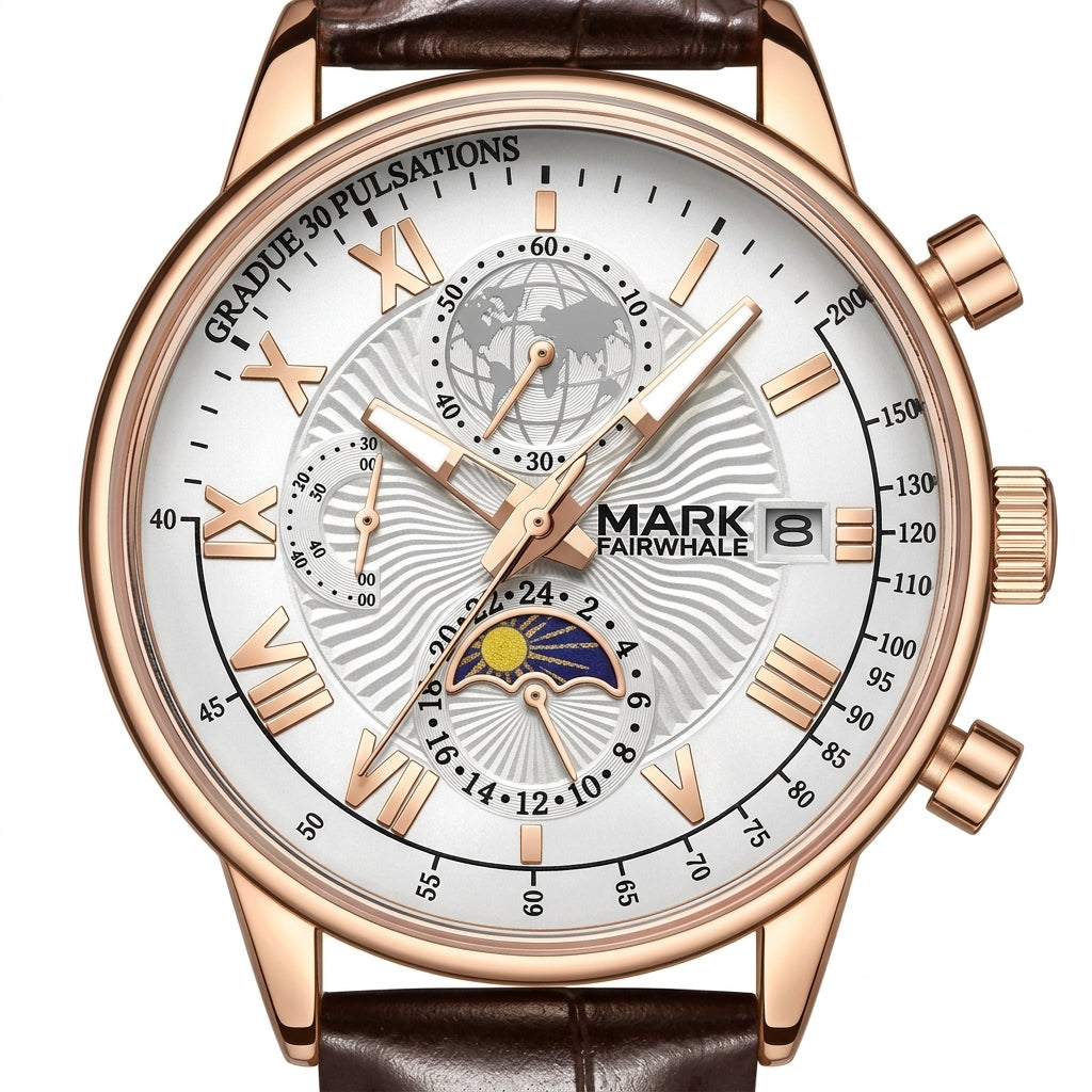 Watch with detailed face and brown leather strap on a white background