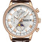 Watch with detailed face and brown leather strap on a white background