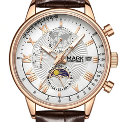 Watch with detailed face and brown leather strap on a white background