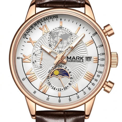 Watch with detailed face and brown leather strap on a white background