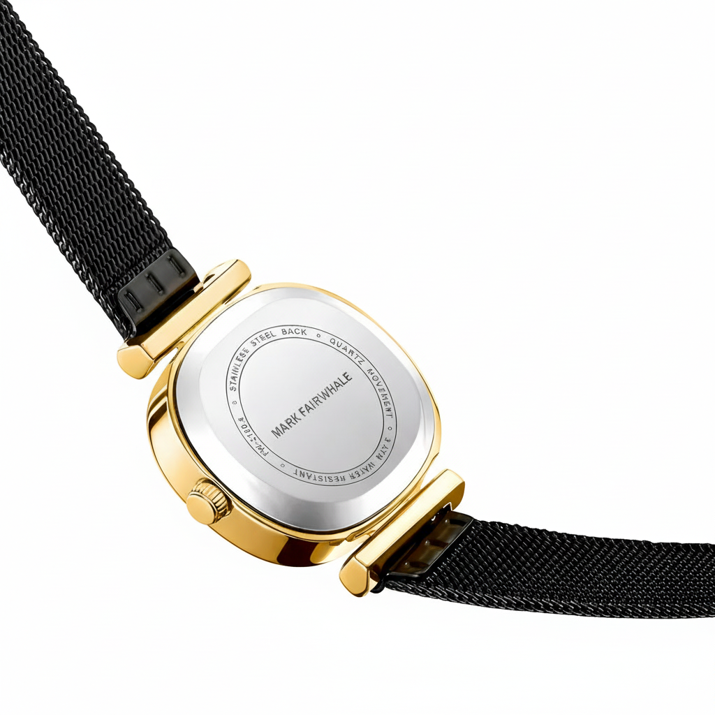 Watch with gold case and black mesh strap on a white background