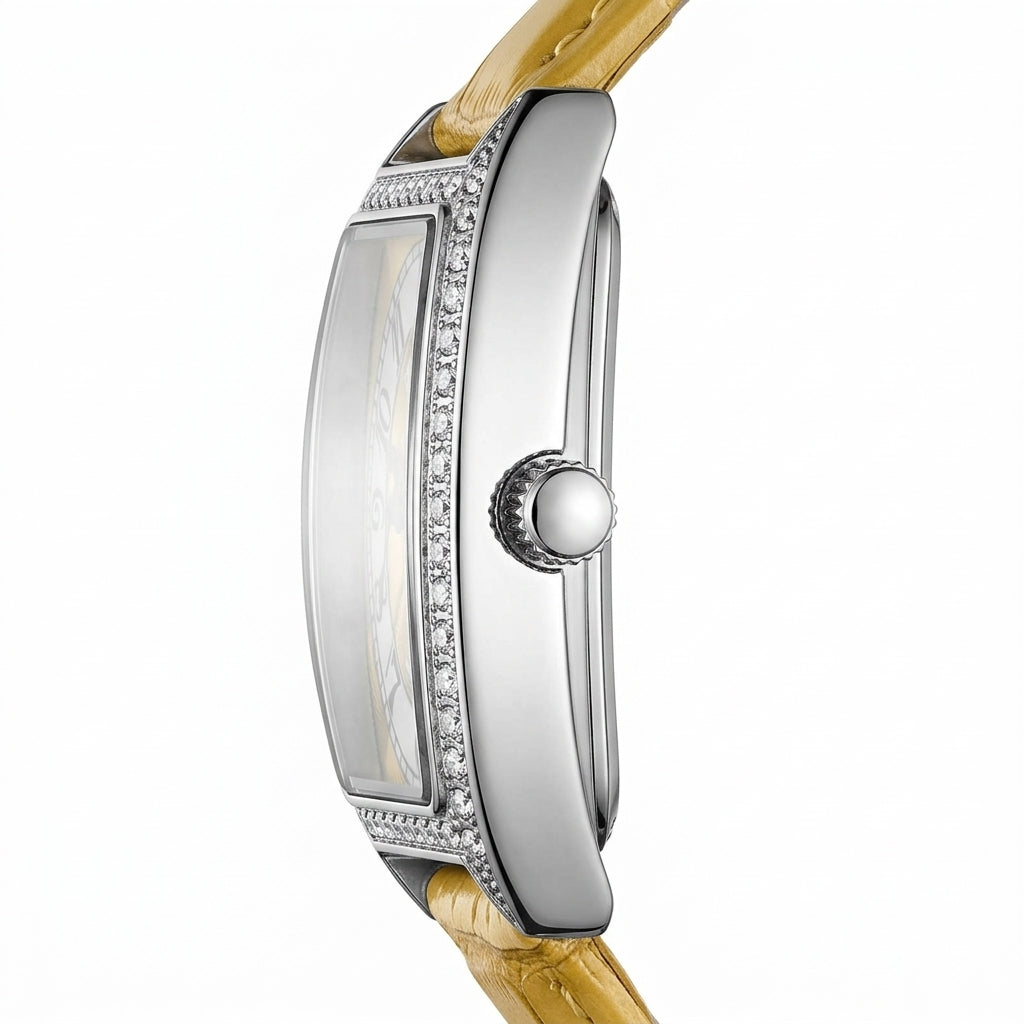 Watch with gold strap and silver case on a white background