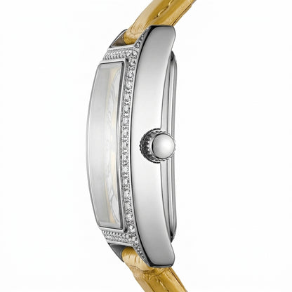Watch with gold strap and silver case on a white background