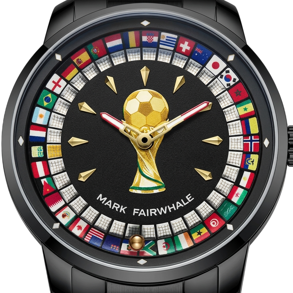 Watch with gold trophy design and world flags on a black background, featuring Mark Fairwhale branding.