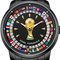Watch with gold trophy design and world flags on a black background, featuring Mark Fairwhale branding.