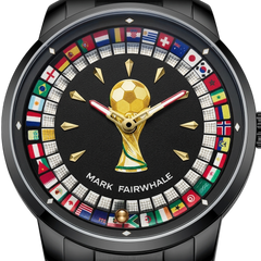 Watch with gold trophy design and world flags on a black background, featuring Mark Fairwhale branding.