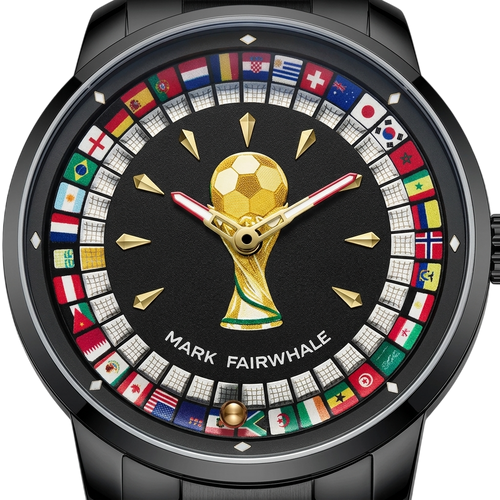 Watch with gold trophy design and world flags on a black background, featuring Mark Fairwhale branding.