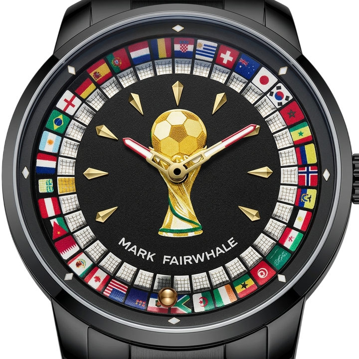 Watch with gold trophy design and world flags on a black background, featuring Mark Fairwhale branding.