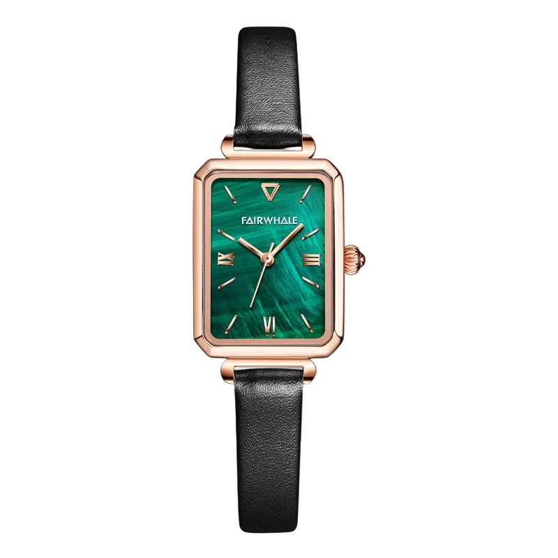 Watch with green face and black strap on white background