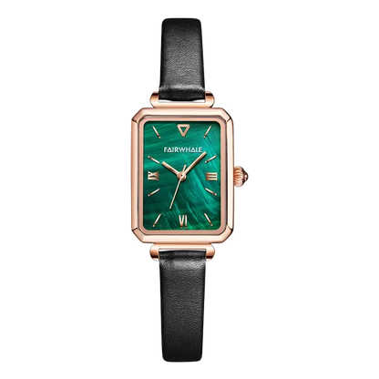 Watch with green face and black strap on white background