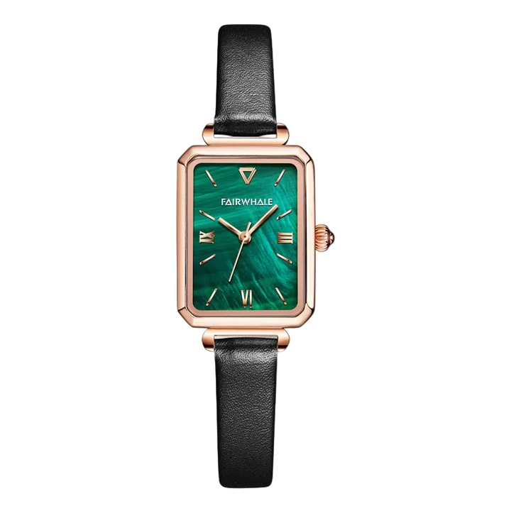 Watch with green face and black strap on white background