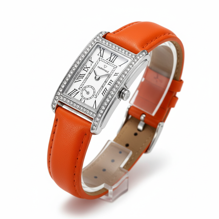 Watch with orange leather strap and silver case on a white background