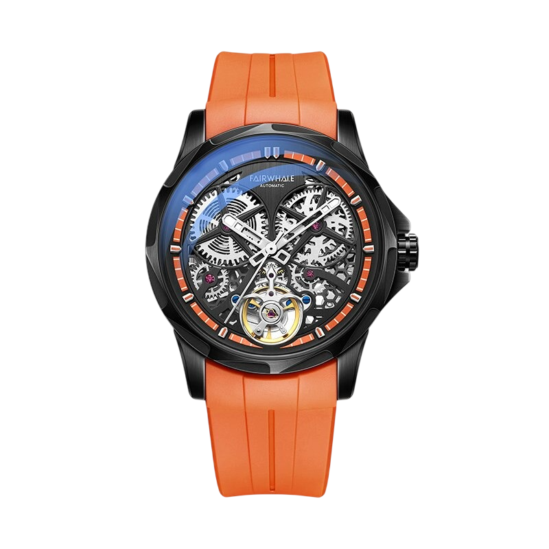 Watch with orange strap and detailed face on a white background