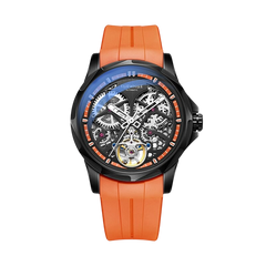 Watch with orange strap and detailed face on a white background