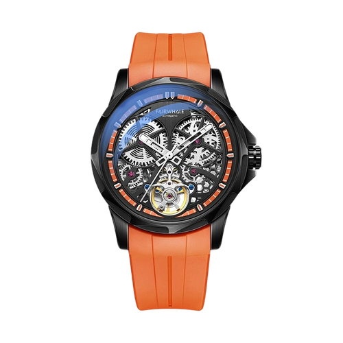 Watch with orange strap and detailed face on a white background