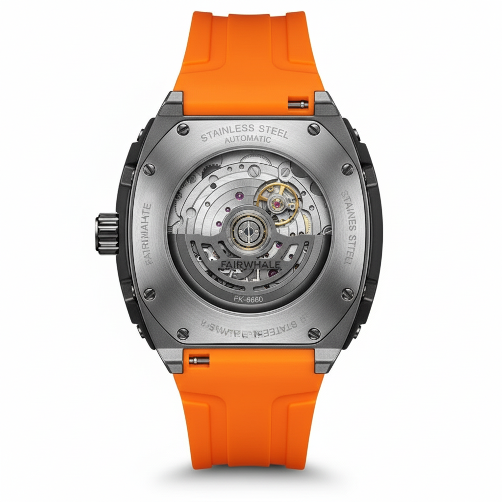 Watch with orange strap and visible mechanical components on a white background