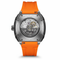 Watch with orange strap and visible mechanical components on a white background