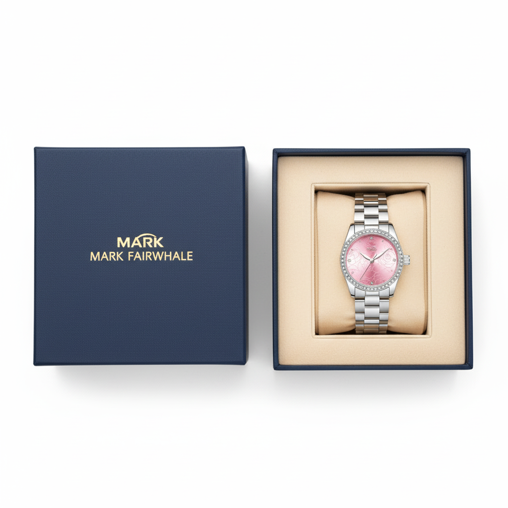 Watch with pink face and silver case in a Mark Fairwhale box on a white background