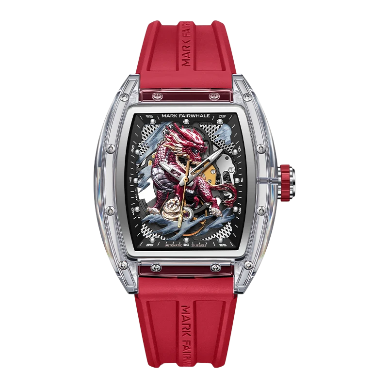 Watch with red strap and detailed face on a white background