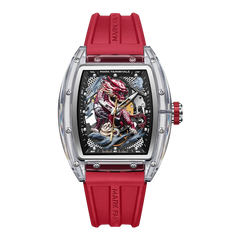 Watch with red strap and detailed face on a white background