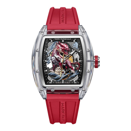 Watch with red strap and detailed face on a white background