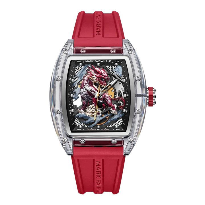 Watch with red strap and detailed face on a white background