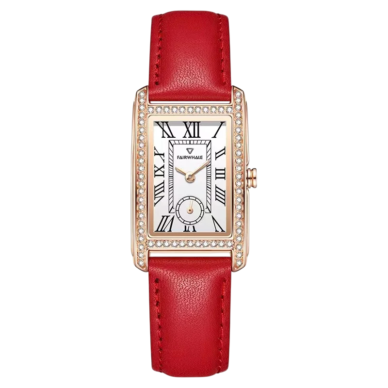 Watch with red strap and rose gold case on white background