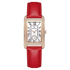 Watch with red strap and rose gold case on white background