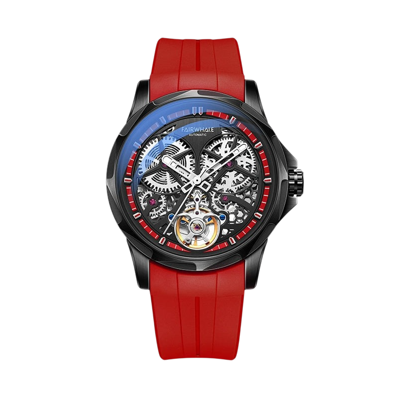 Watch with red strap and visible mechanical components on a white background