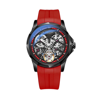 Watch with red strap and visible mechanical components on a white background