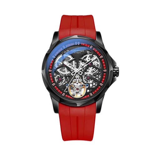 Watch with red strap and visible mechanical components on a white background