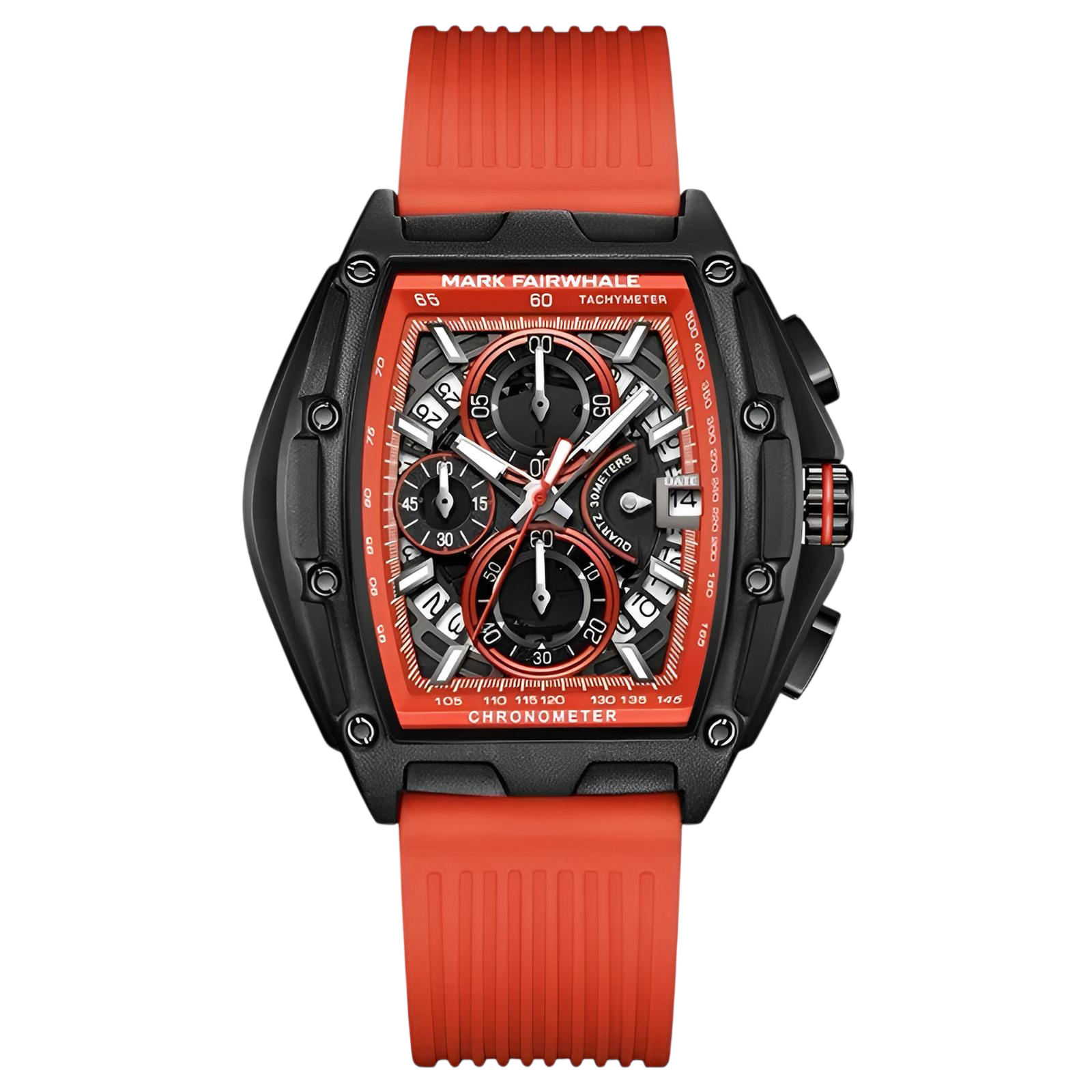 Watch with red strap and black case on a white background