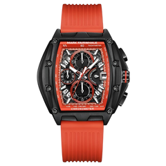 Watch with red strap and black case on a white background