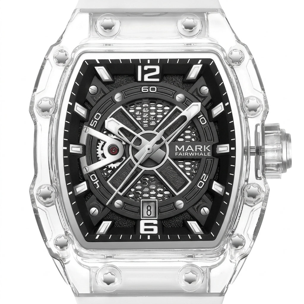 Watch with transparent case and black face on a white background
