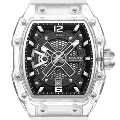 Watch with transparent case and black face on a white background