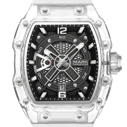 Watch with transparent case and black face on a white background