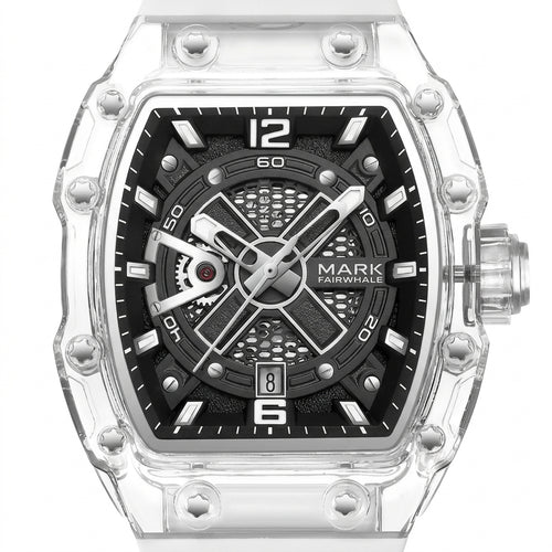 Watch with transparent case and black face on a white background