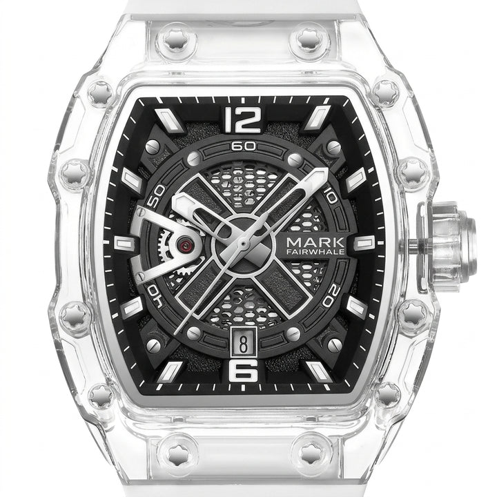 Watch with transparent case and black face on a white background