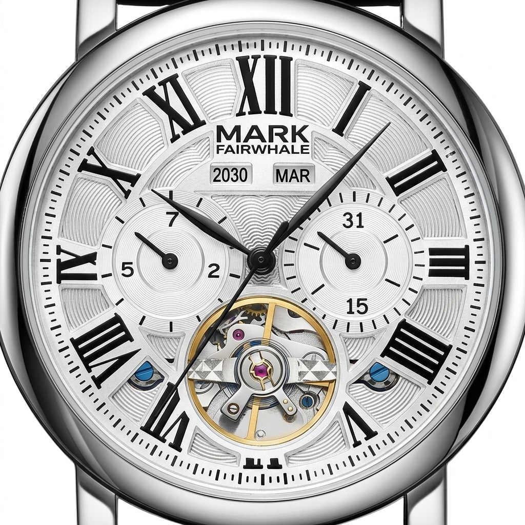 Watch with visible mechanical components and 'Mark Fairwhale' branding.