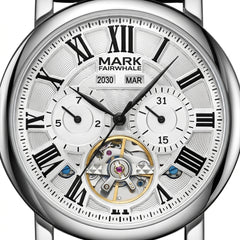 Watch with visible mechanical components and 'Mark Fairwhale' branding.