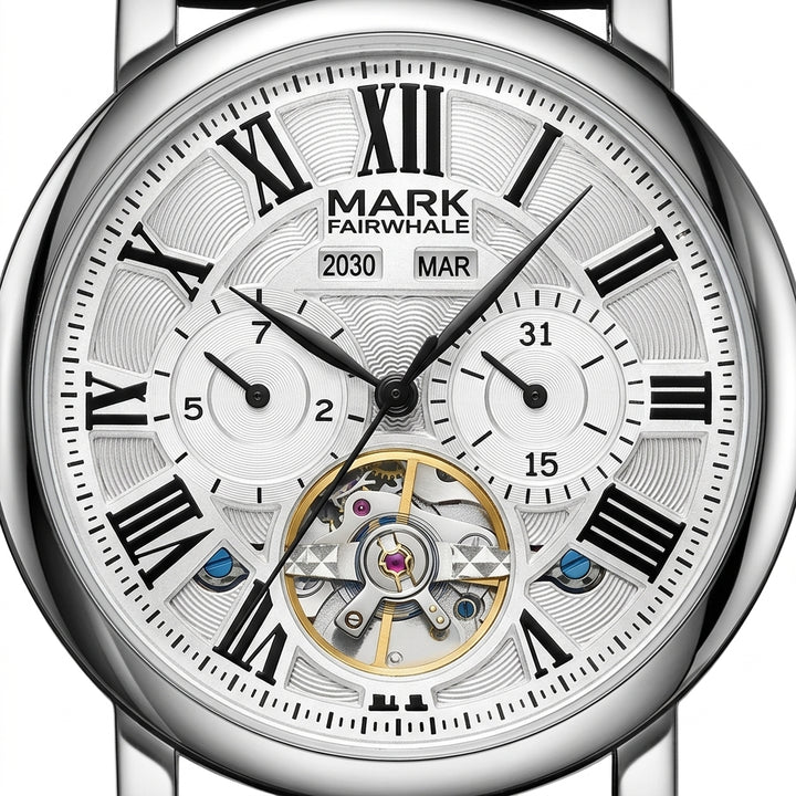 Watch with visible mechanical components and &