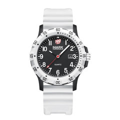 Watch with white strap and black dial on a white background