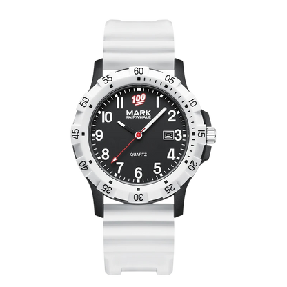 Watch with white strap and black dial on a white background