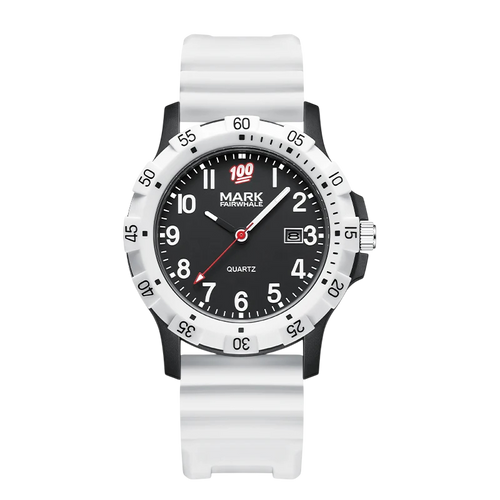 Watch with white strap and black dial on a white background