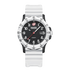 Watch with white strap and black dial on a white background