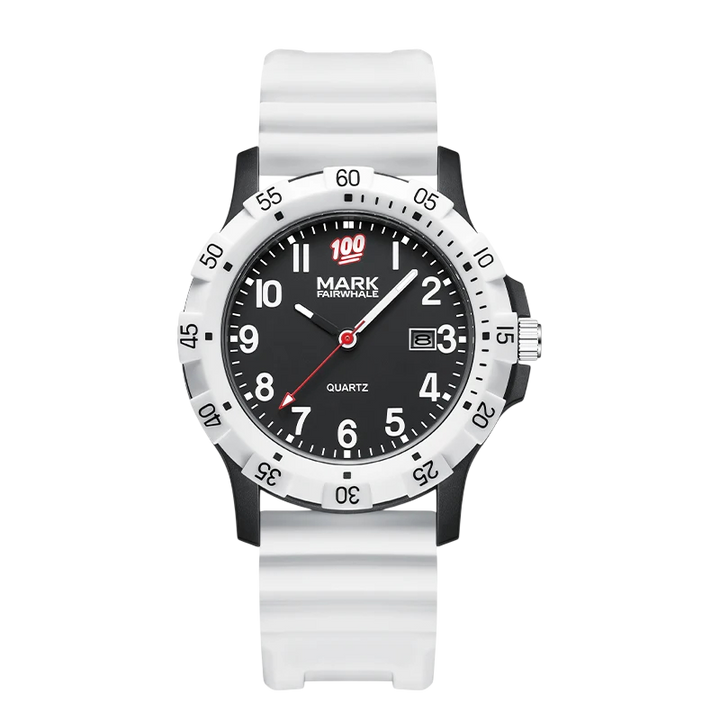 Watch with white strap and black dial on a white background