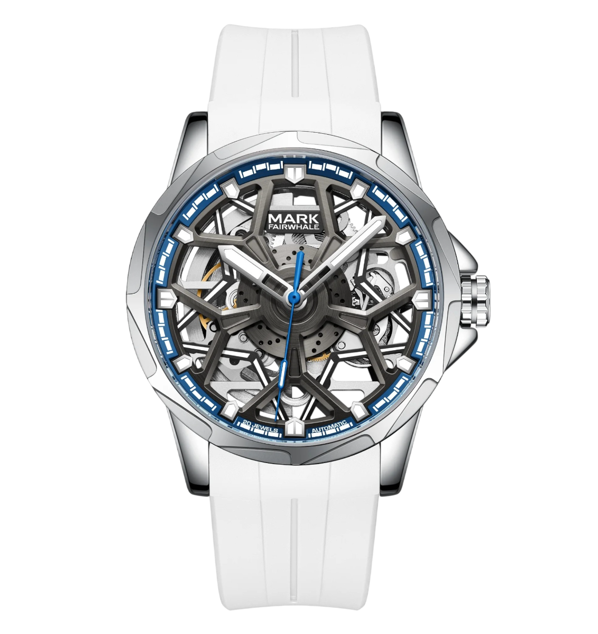 Watch with white strap and blue accents on a white background
