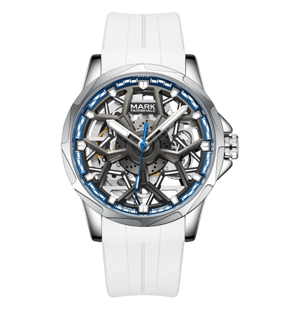 Watch with white strap and blue accents on a white background